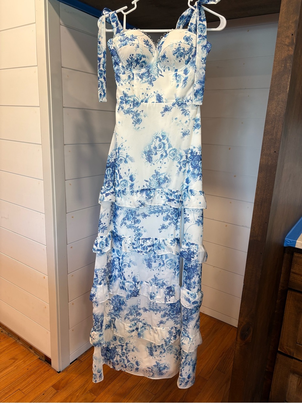 Blue Floral Tiered Maxi Dress with Tie Straps